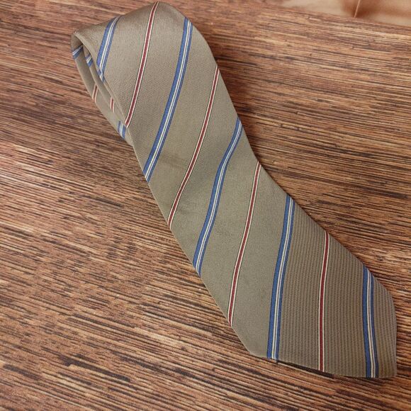 LDM Men's 100% Silk Beige/Blue Striped Neck Tie - Picture 1 of 4